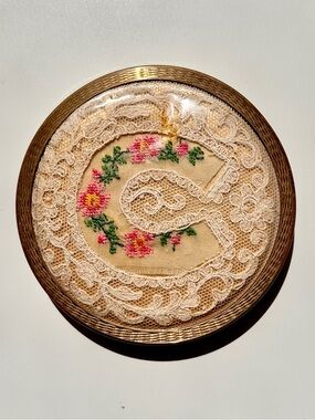 Antique floral custom lace embroidered  monogram Stratton powder compact